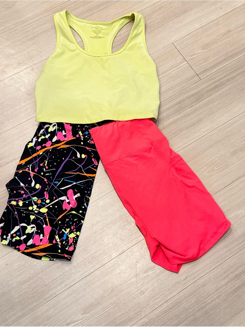 Neon Yellow Racerback Sports Bra with Colorblock Athletic Shorts